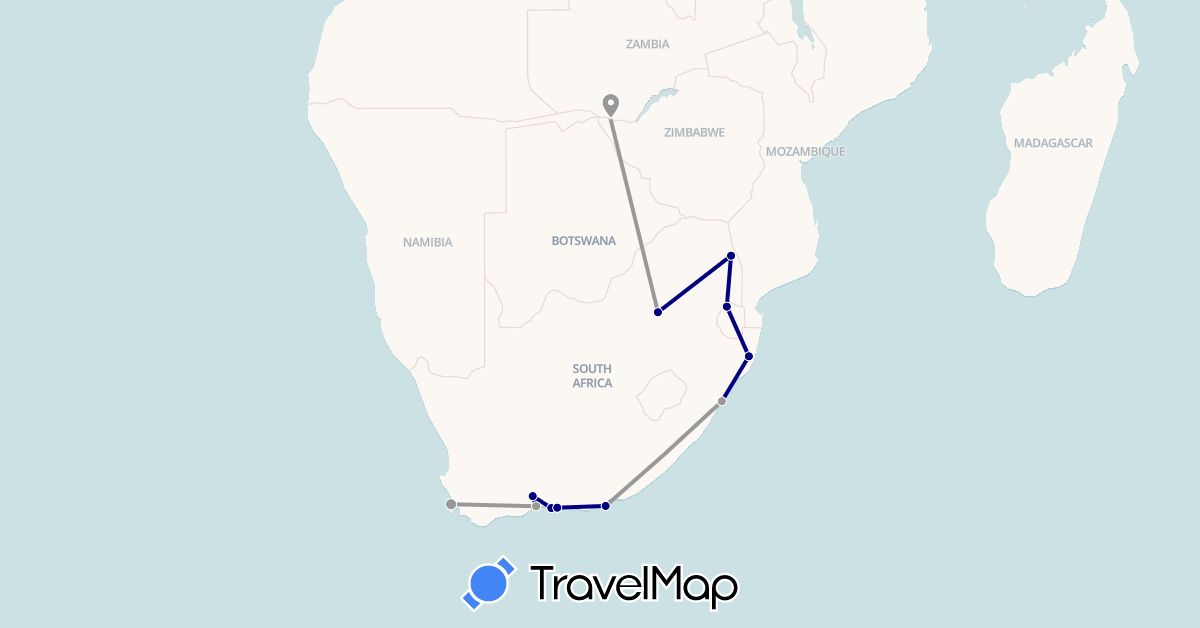 TravelMap itinerary: driving, plane in Swaziland, South Africa, Zambia (Africa)